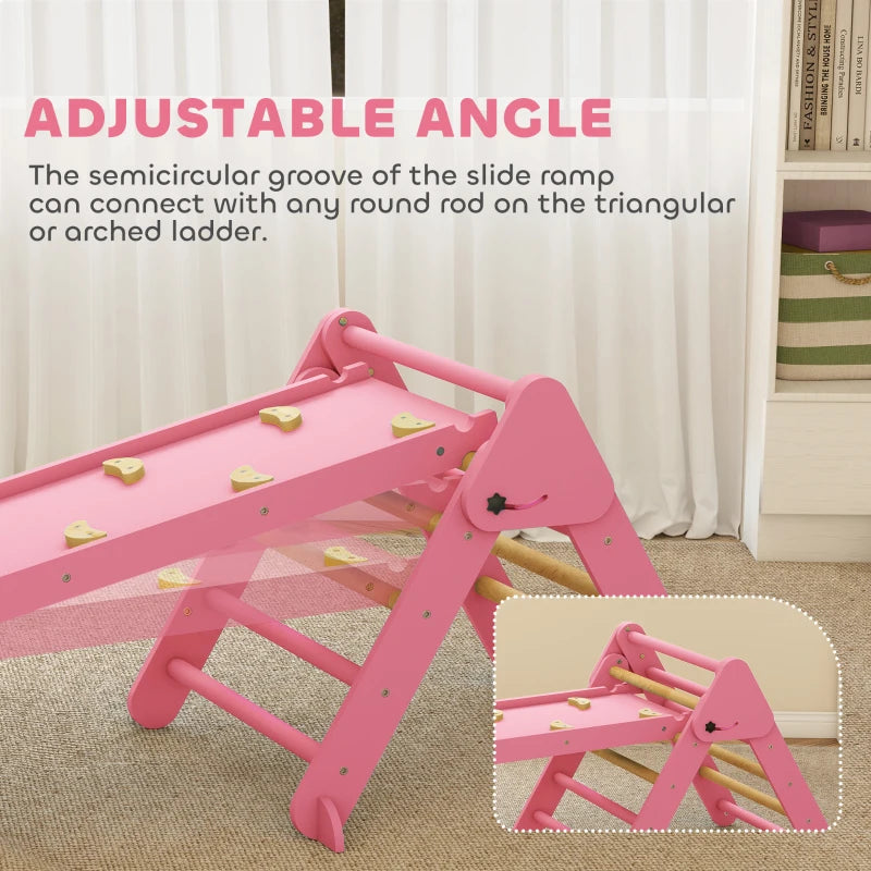 Qaba 7-in-1 Pikler Triangle Set, Foldable Wooden Climbing Toys with Arch, Ramp and Ladder for Toddlers 1-4 Years, Pink