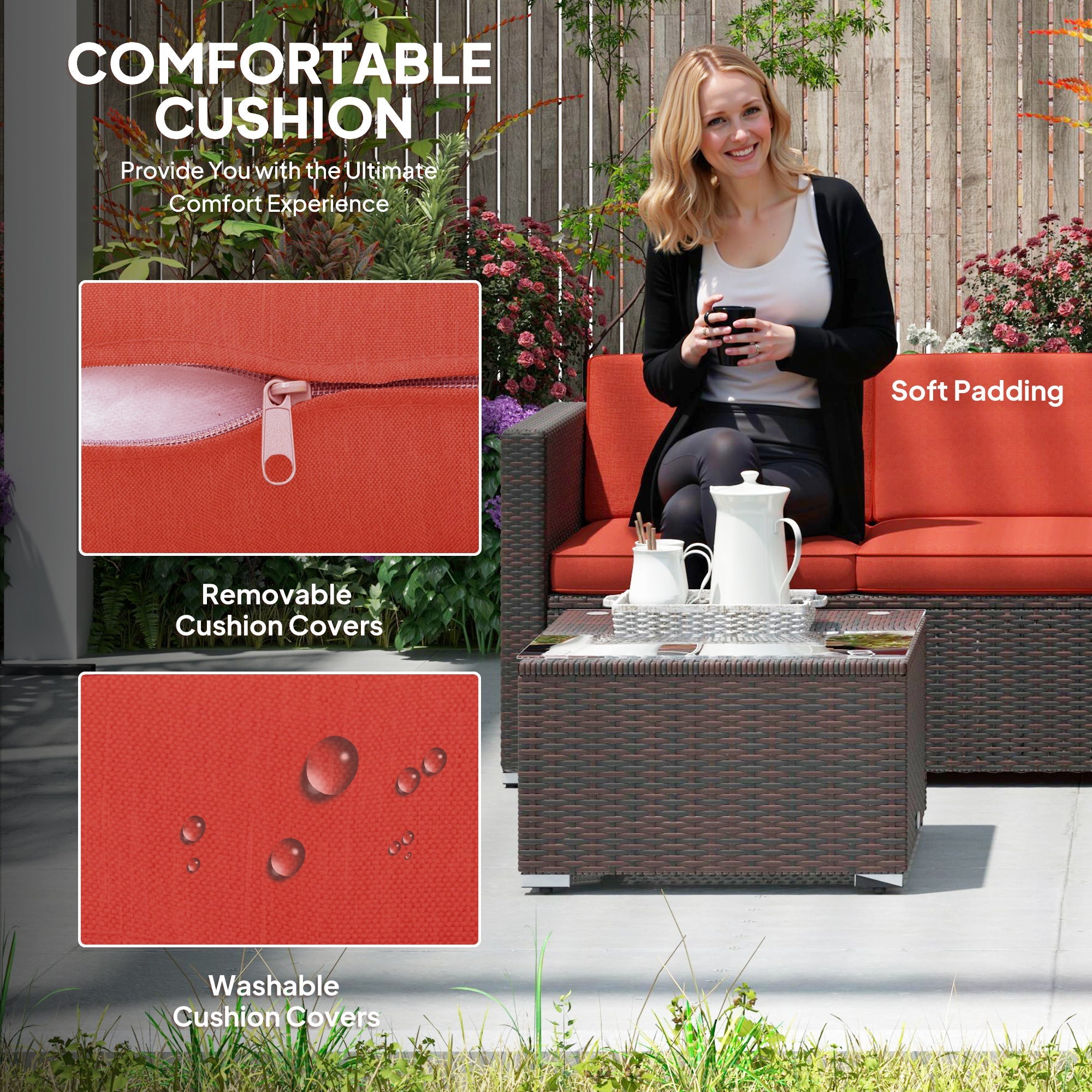 Outsunny Patio Furniture w/ Soft Cushions, Corner Sofa Sets, Red 