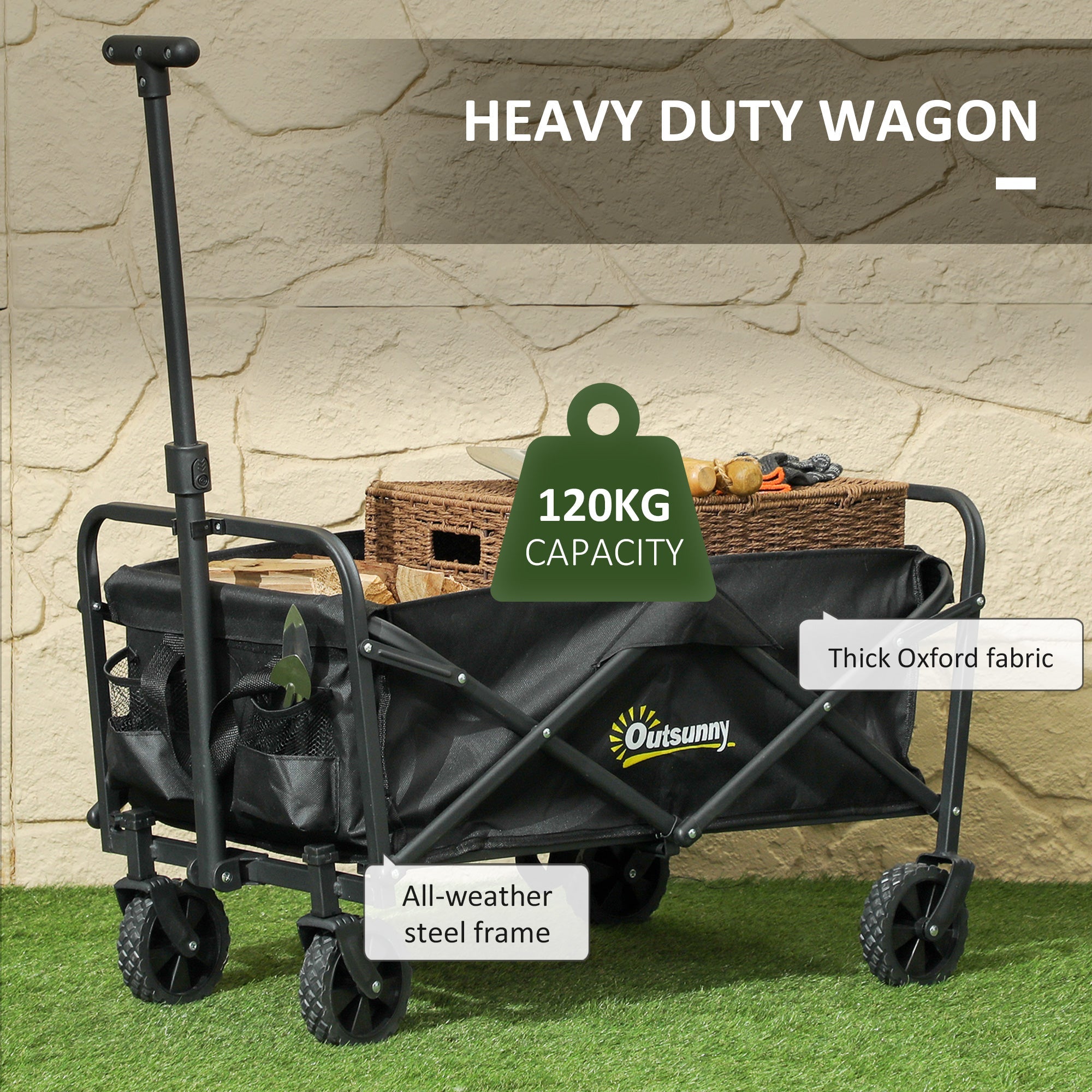 Outsunny Collapsible Folding Garden Cart, Heavy Duty Lawn Wagon with Universal Wheels and Adjustable Handle, Black 