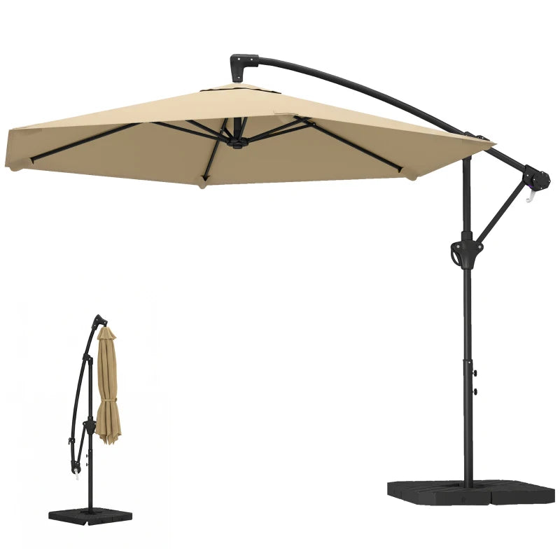 9.7 ft Offset Patio Umbrella with Water/Sand Fillable Weights, Garden Hanging Parasol with Locking Latch, Khaki