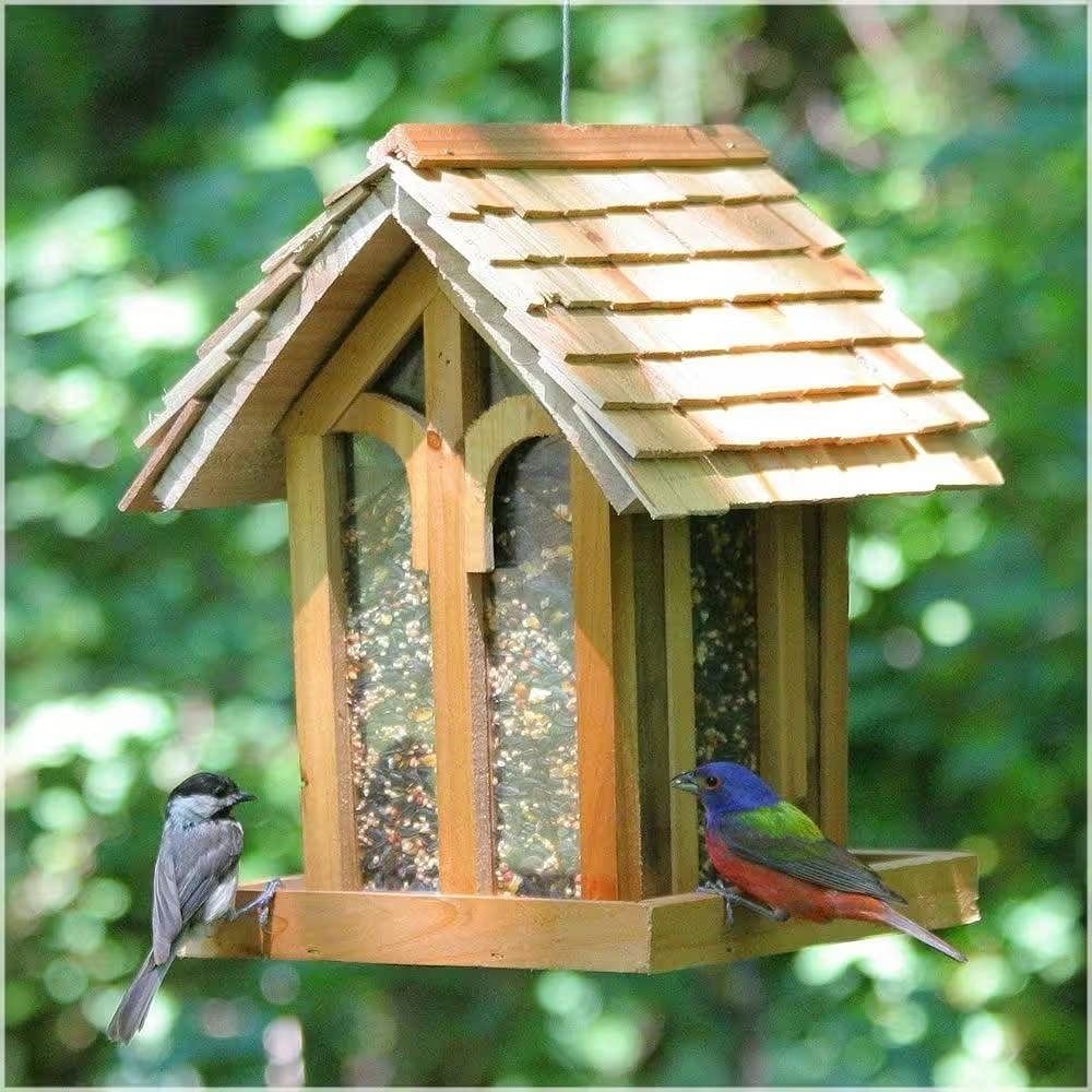 Wood House Shingled Roof Garden Bird Feeder with Perch - Free Shipping 