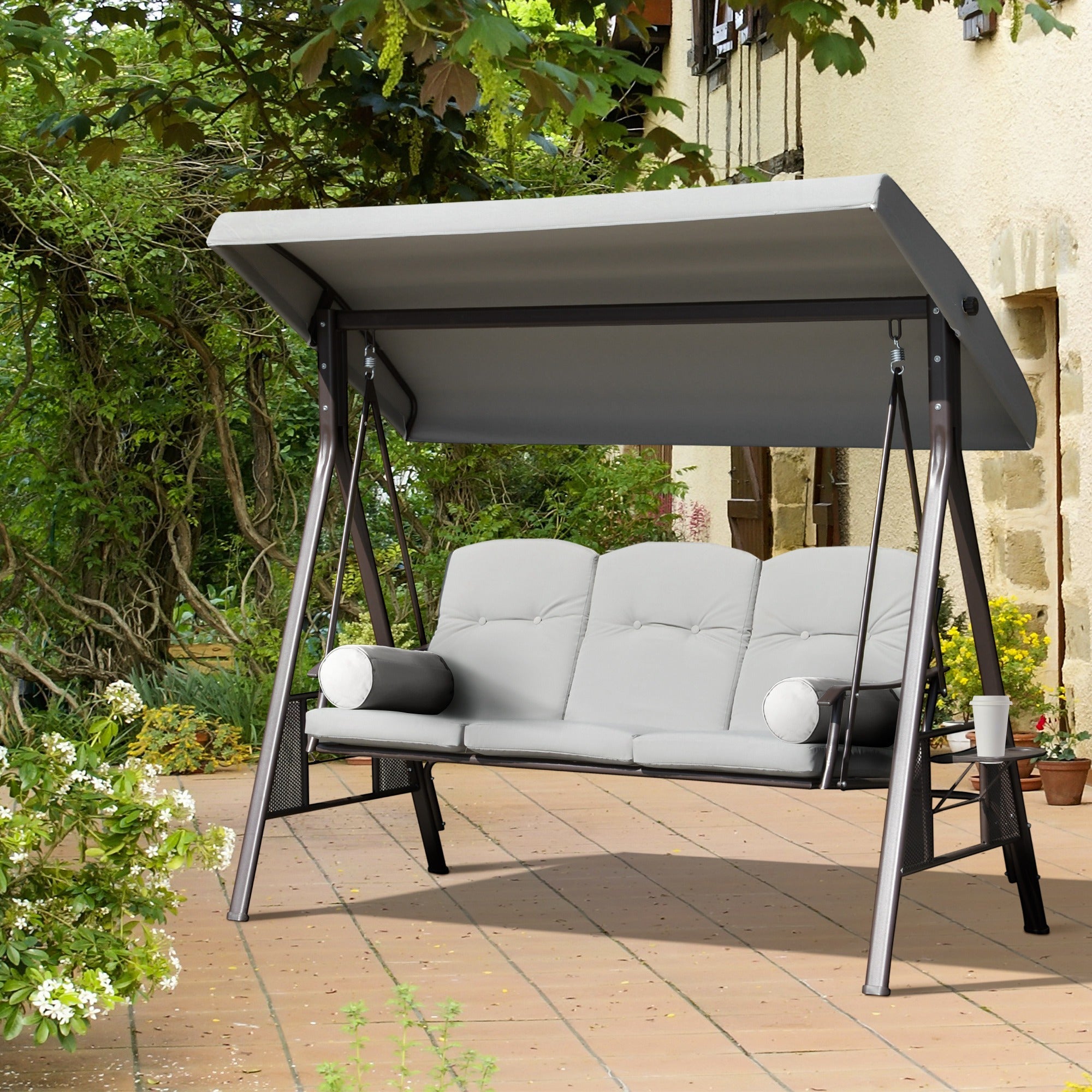 Outsunny Outdoor Patio 3-Person Steel Canopy Cushioned Seat Bench Swing with Included Side Trays & Padded Comfort, Light Grey 