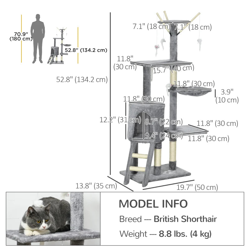 53" Cat Tree Tower, Kitten Activity Centre with Scratching Posts, Condo, Perches, Ladder, Hammock, Dangling Toys, Grey