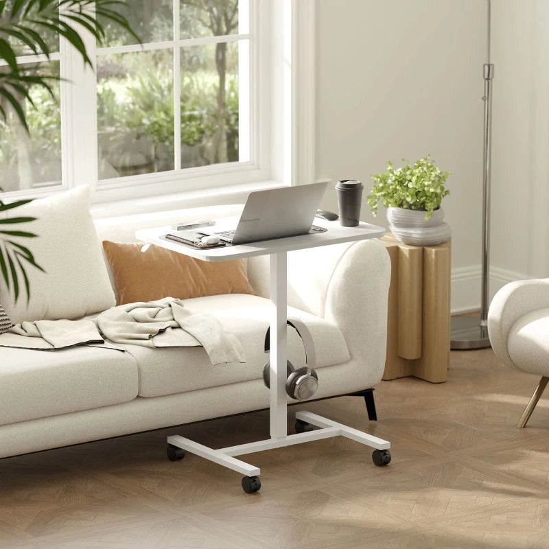 Height Adjustable Standing Desk, Pneumatic Sit Stand Desk with Wheels and Headphone Hook, White Wood Grain