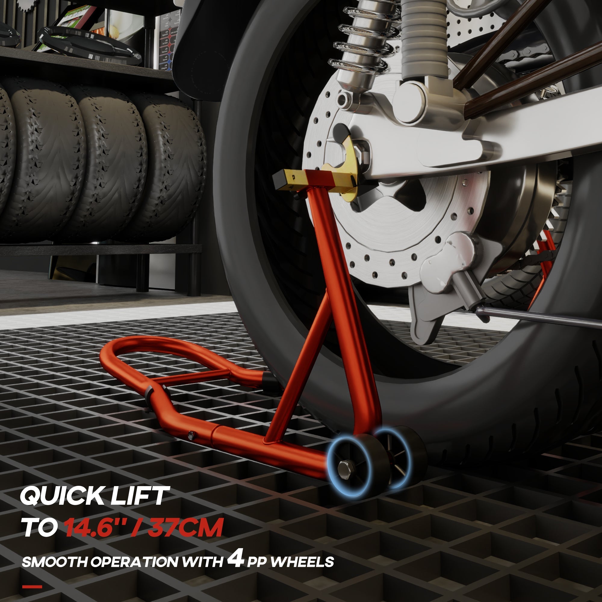 HOMCOM Motorcycle Rear Wheel Stand, Universal Motorcycle Lift with U + L Swingarm Spool, Red 