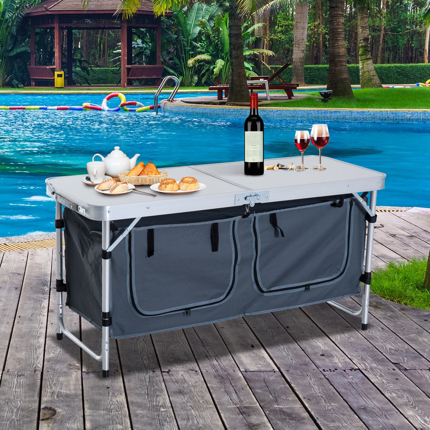 Outsunny Portable Folding Picnic Table Aluminum Adjustable Height with Storage Organizer for BBQ Camping Outdoor 