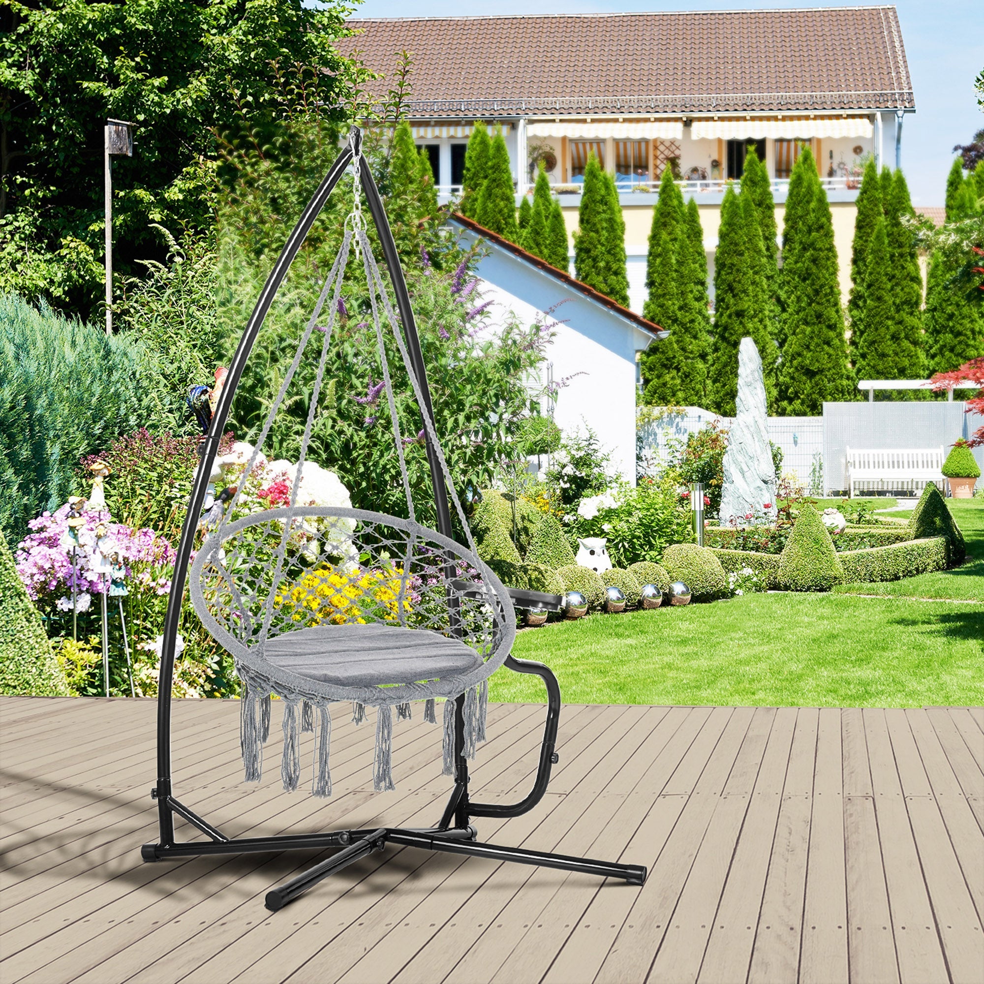 Outsunny Hammock Chair Metal C-Stand - Durable Stand Only for Hanging Chairs, Includes Tray, Ideal for Indoor/Outdoor Use, Black 