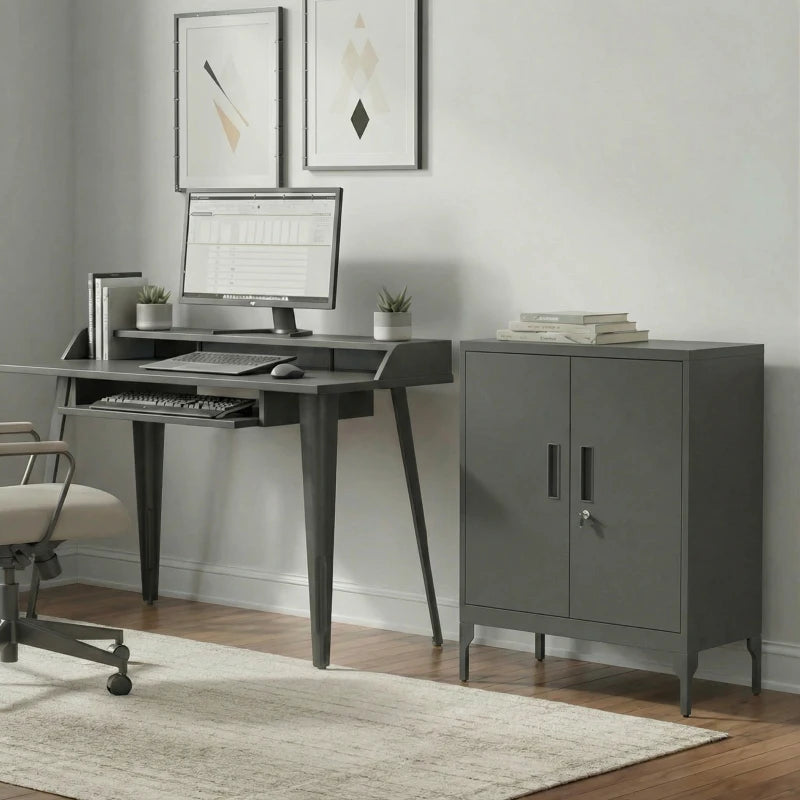 Office Storage Cabinet with Lock, Filing Cabinet with Adjustable Shelves and Doors for Home Office, Garage, Black