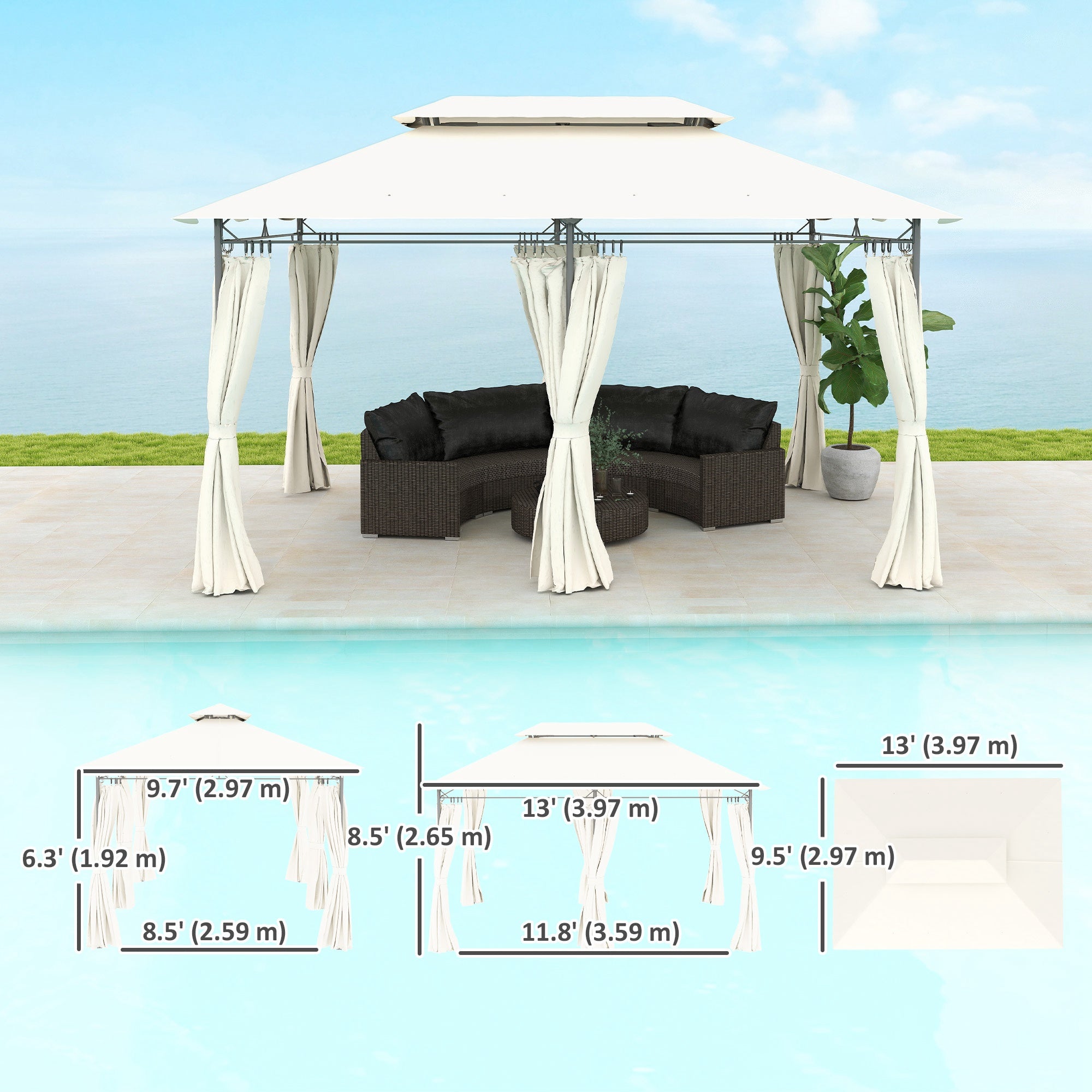 Outsunny 10' x 13' Double Roof Patio Gazebo, Outdoor Gazebo with Curtains, for Garden, Lawn, Backyard and Deck, Cream White 