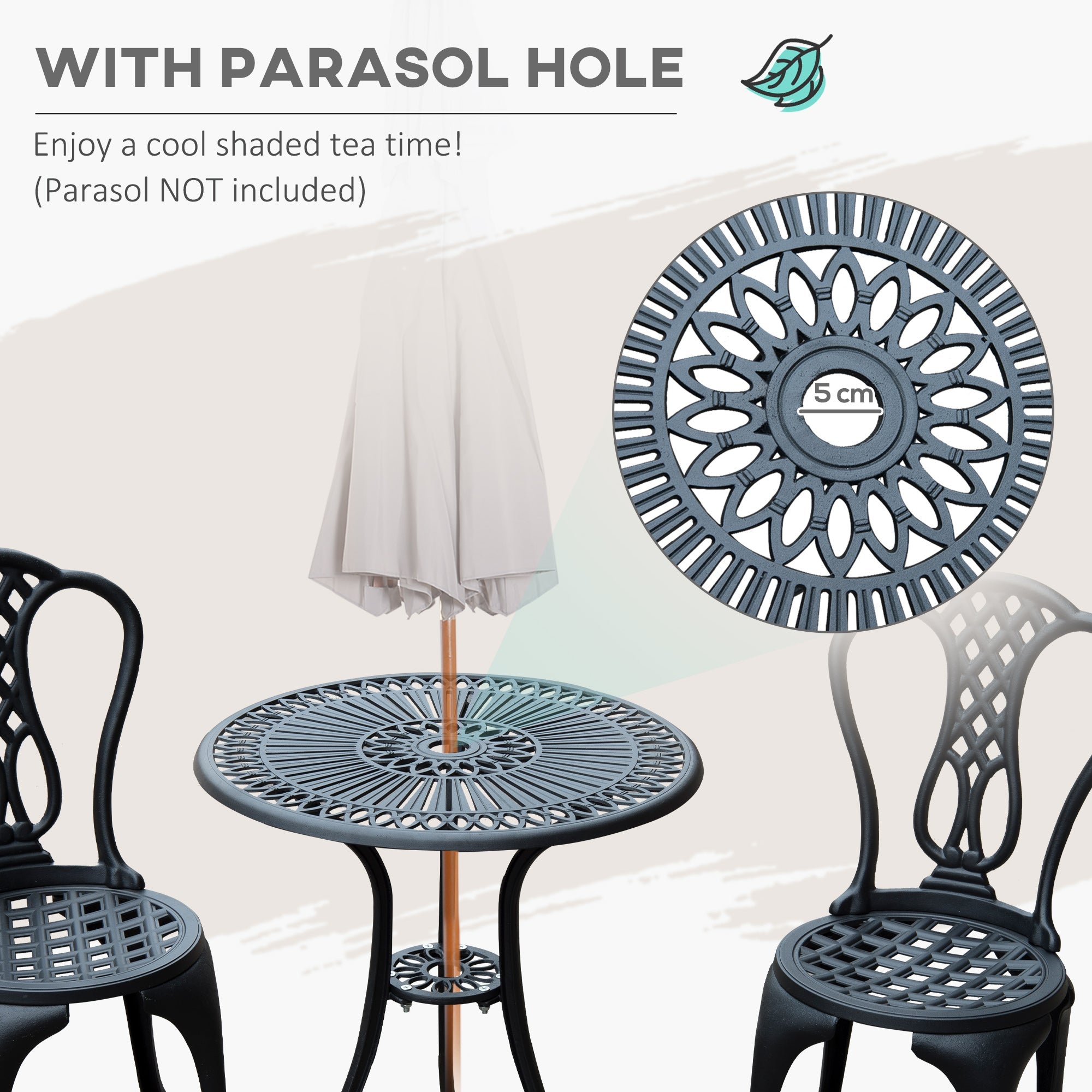 Outsunny 3 Pieces Antique Outdoor Bistro Set Cast Aluminum Patio Table and Chairs with Umbrella Hole Black 