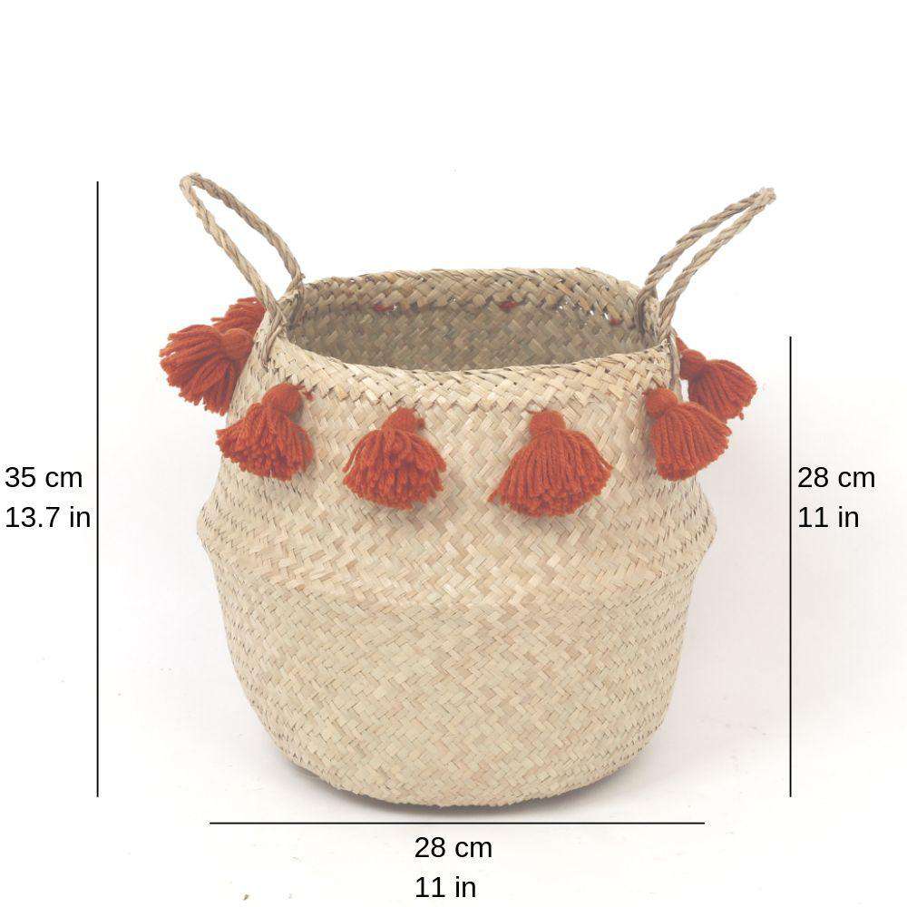 Porta - Seagrass Basket With Orange Pompoms 