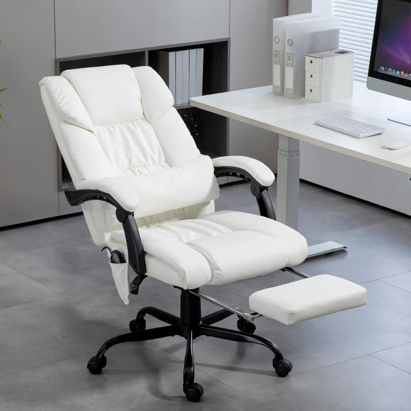 6-Point Vibration Massage Chair, Height Adjustable Reclining Computer Chair with Retractable Footrest, White