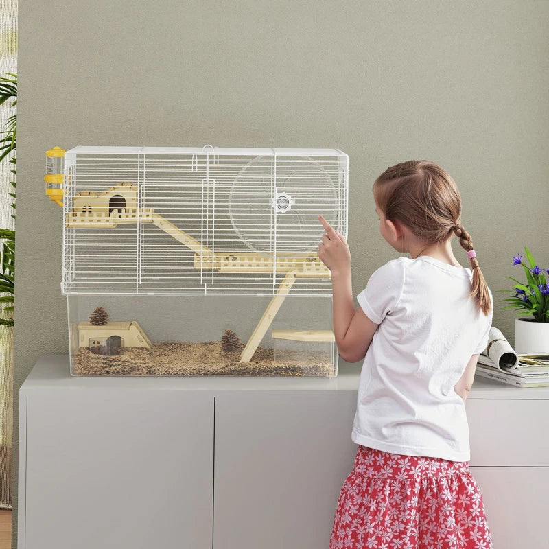 Hamster Cage with Deep Bottom, Wooden Ramp, Hut, Bathroom and Exercise Wheel for Hamster and Gerbil, White
