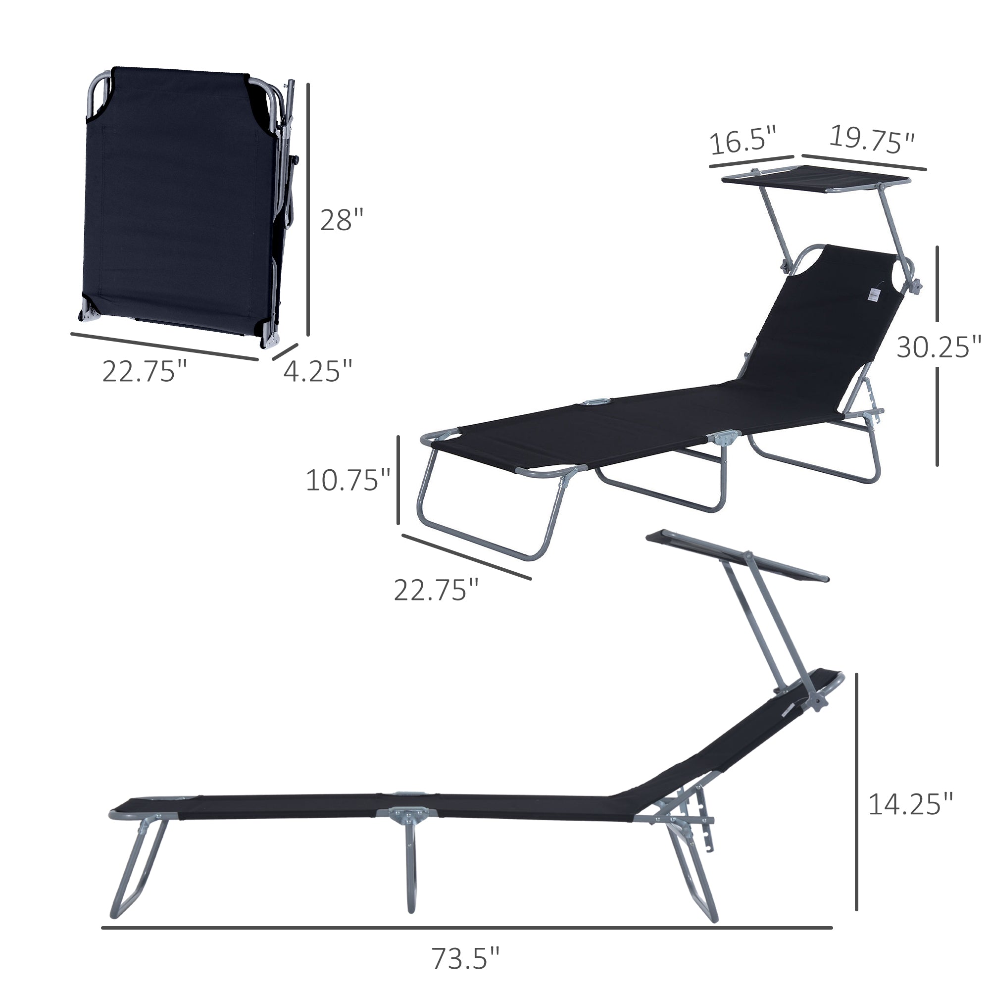 Outsunny Reclining Chair Folding Adjustable with Sun Shade Durable Outdoor Comfort Black 