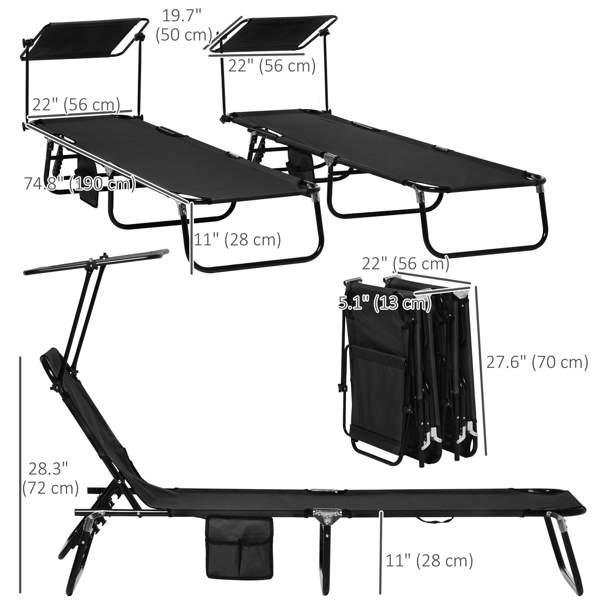 Outsunny Outdoor Chaise Lounge Chairs Set of 2 with Recliner Back and Sunshade for Pool Beach Patio Black 
