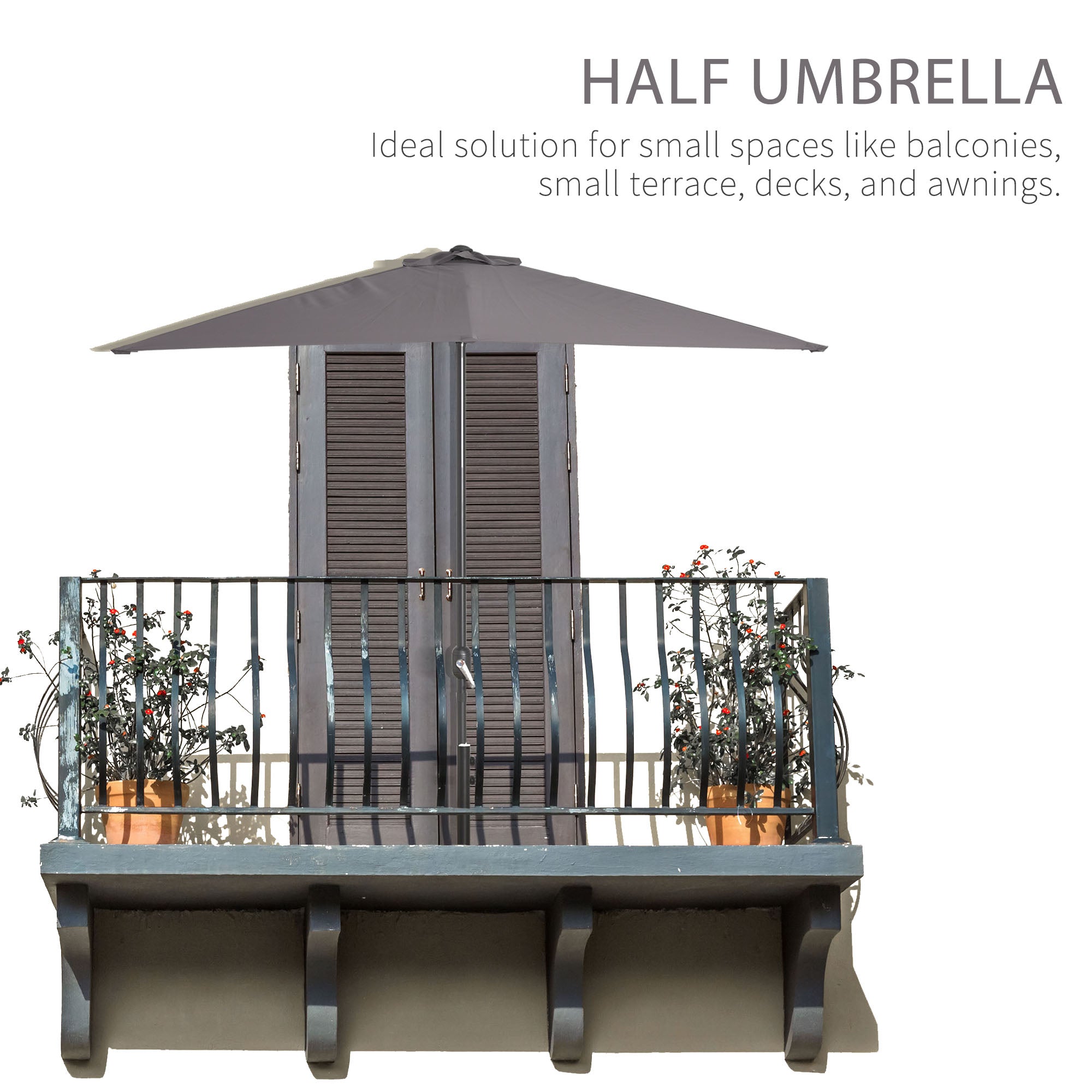 Outsunny Half Round Umbrella 8ft Balcony Parasol for Patio Garden Outdoor Window Sun Shade Grey 