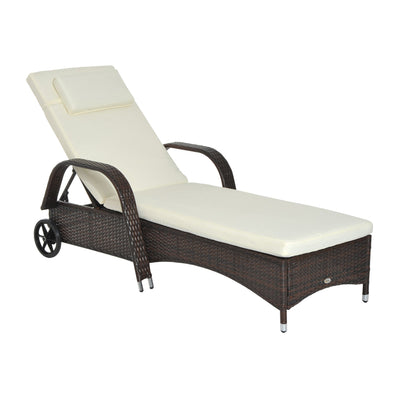 Outsunny Adjustable Wicker Sun Lounger Outdoor Recliner Chair Garden Chaise Lounge with Cushion, Brown 