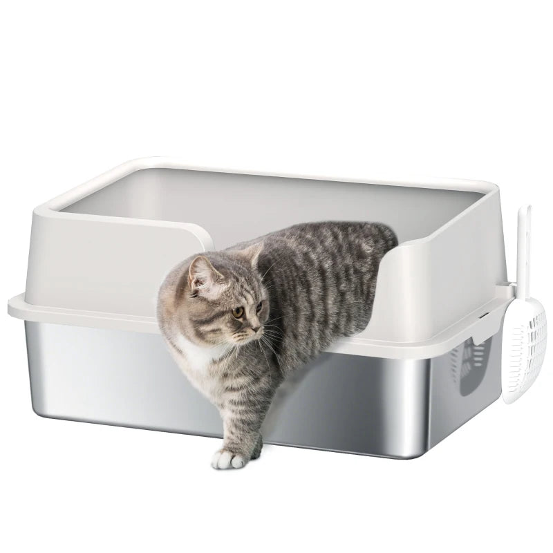 Stainless Steel Cat Litter Box with Lid with Scoop, High Sided, Non-Stick, & Anti-Urine Leakage, Easy Cleaning