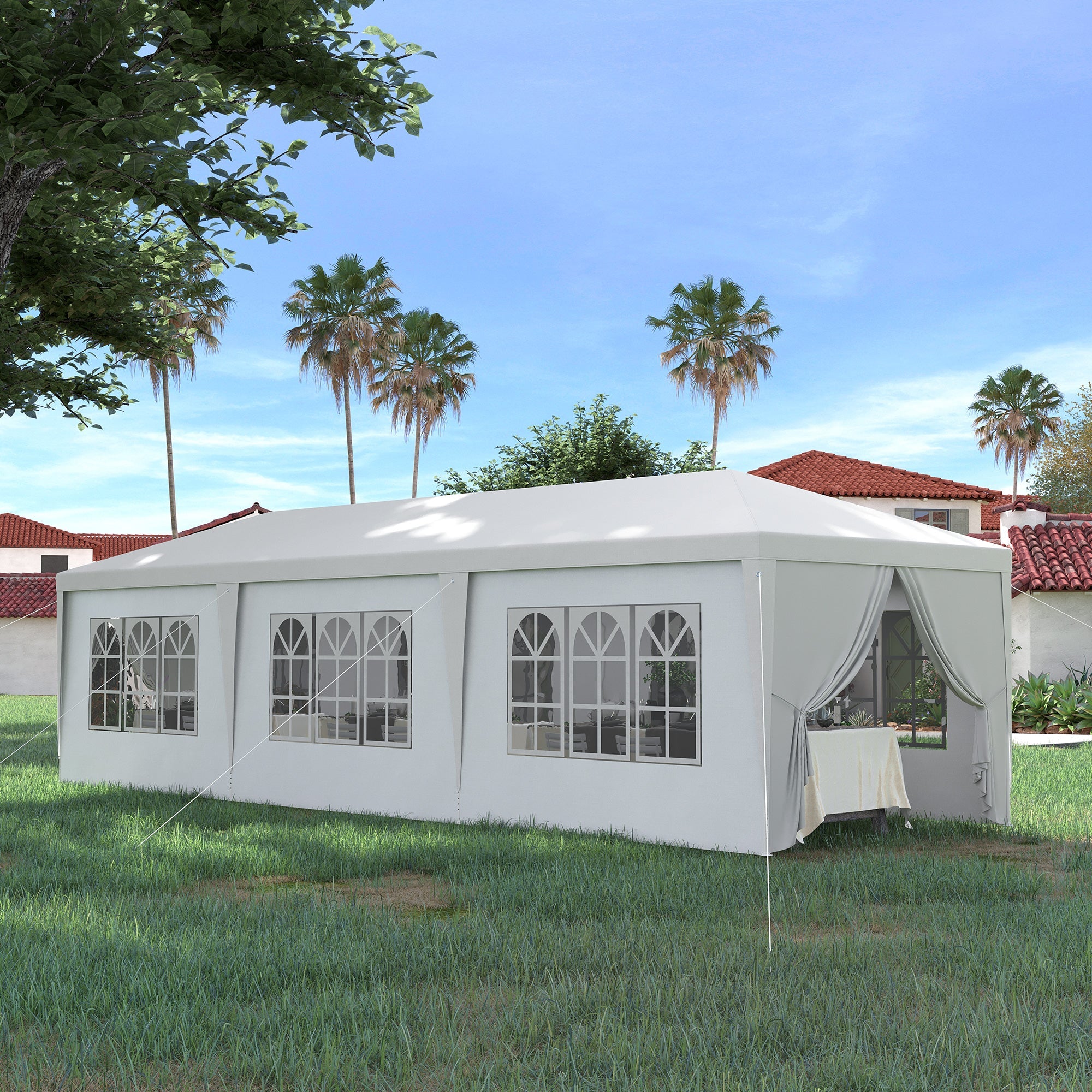 Outsunny 10' x 28' Party Gazebo Tent, Portable Folding Wedding Tent, Garden Canopy Event Shelter, with 8 Removable Sidewalls, White 