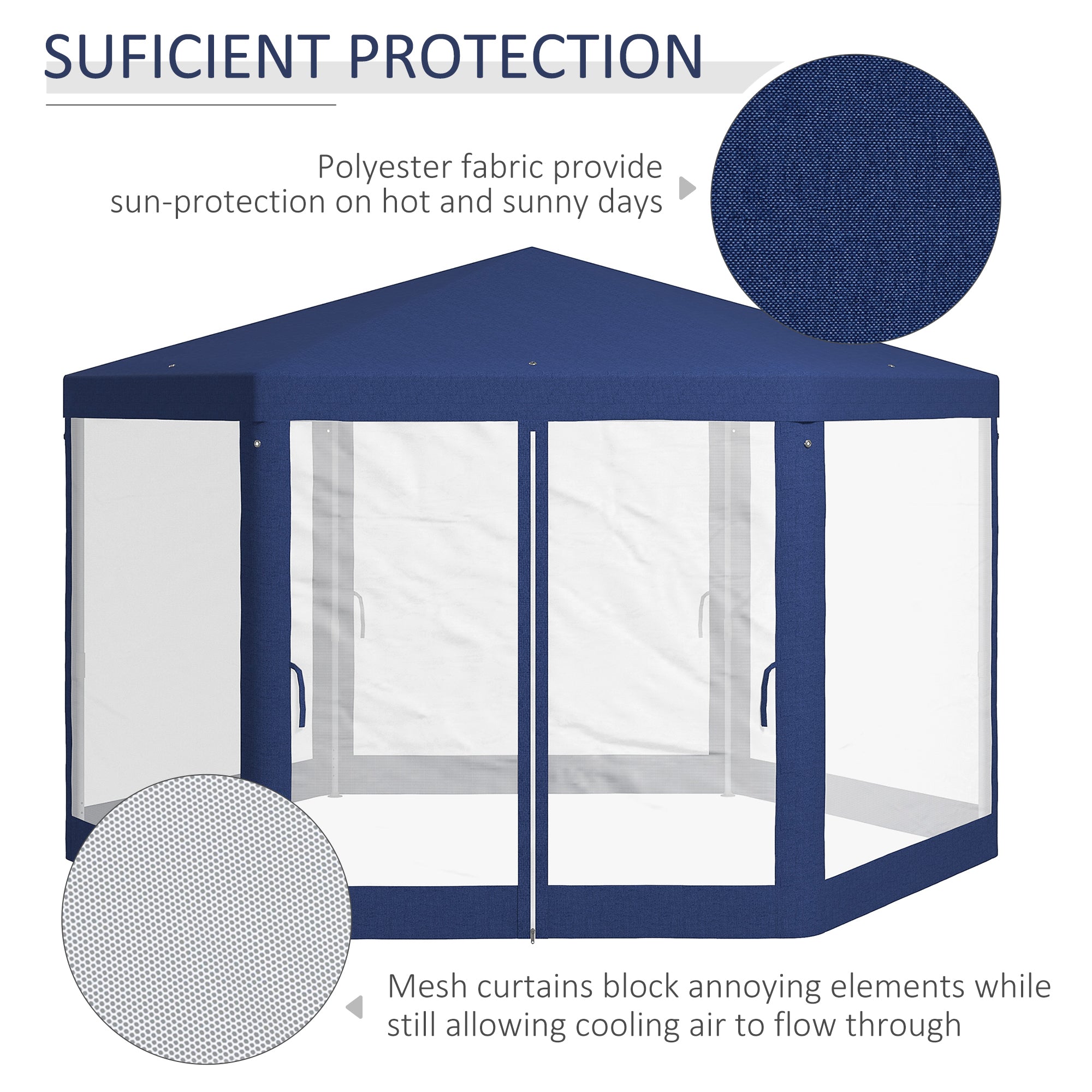 Outsunny Hexagon Party Tent, Patio Gazebo with Netting Mesh, Blue 