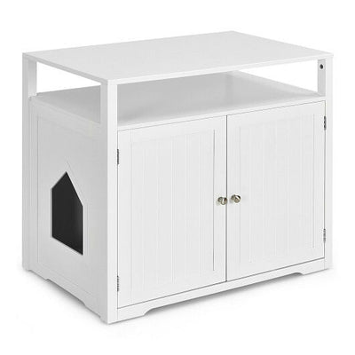 Wooden Cat Litter Box Enclosure Hidden Cat Washroom with Storage Layer-White - Free Shipping 