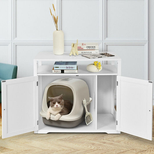 Wooden Cat Litter Box Enclosure Hidden Cat Washroom with Storage Layer-White - Free Shipping