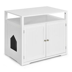 Wooden Cat Litter Box Enclosure Hidden Cat Washroom with Storage Layer-White - Free Shipping