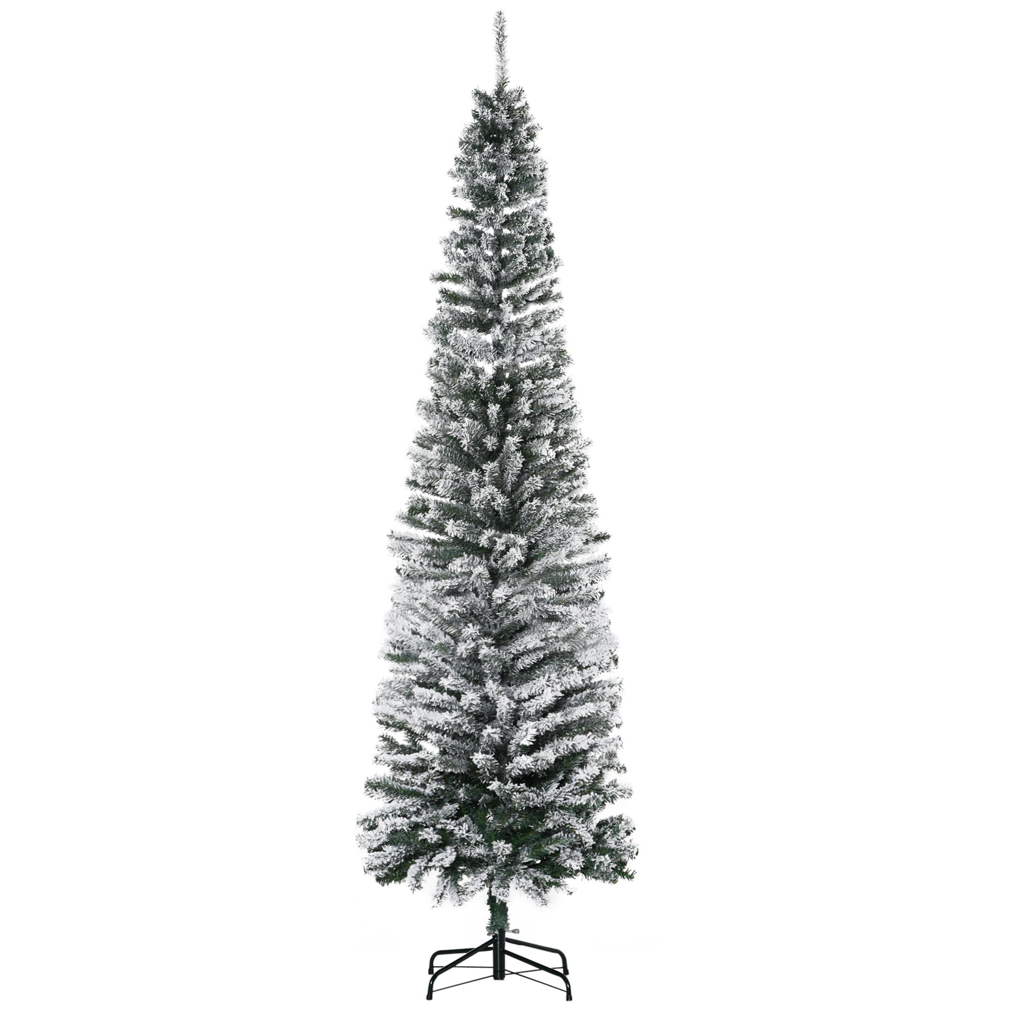 HOMCOM 7.5ft Snow Flocked Pencil Christmas Tree Artificial Slim Xmas Tree with Realistic Branch Tips Folding Metal Stand 