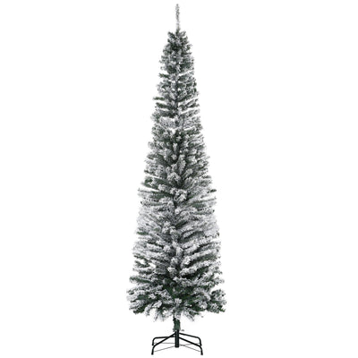 HOMCOM 7.5ft Snow Flocked Pencil Christmas Tree Artificial Slim Xmas Tree with Realistic Branch Tips Folding Metal Stand 