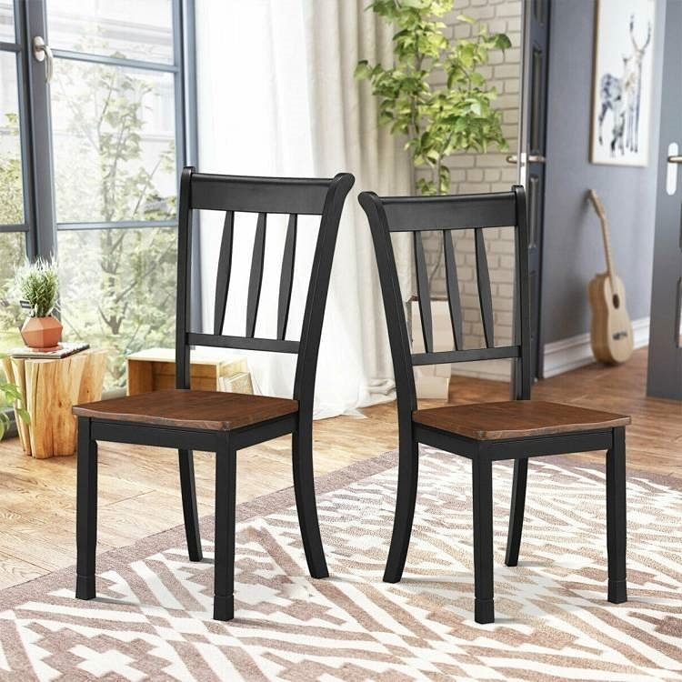 Set of 2 Solid Wood Black Mission Style Armless Dining Chairs with Brown Seat - Free Shipping