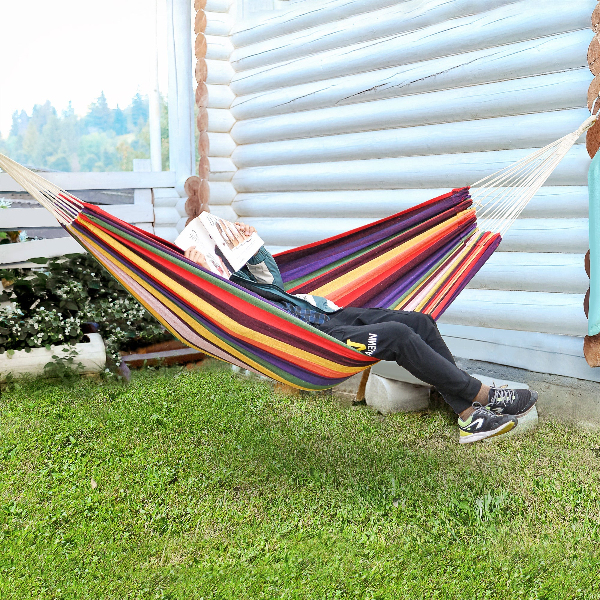 Outsunny Brazilian Hammock Extra Large Cotton Hanging Camping Bed Patio Backyard Lounging Indoor Outdoor Use Carrying Bag 