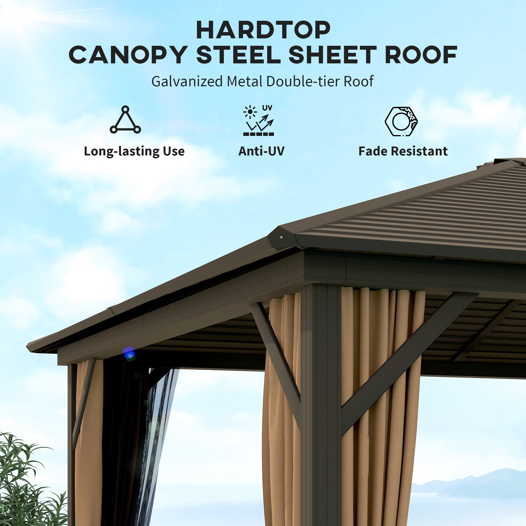 Outsunny 10' x 12' Deluxe Hardtop Gazebo with Metal Roof, Aluminum Frame Patio Gazebo Garden Sun Shelter Outdoor Pavilion with Curtains and Netting, Coffee 