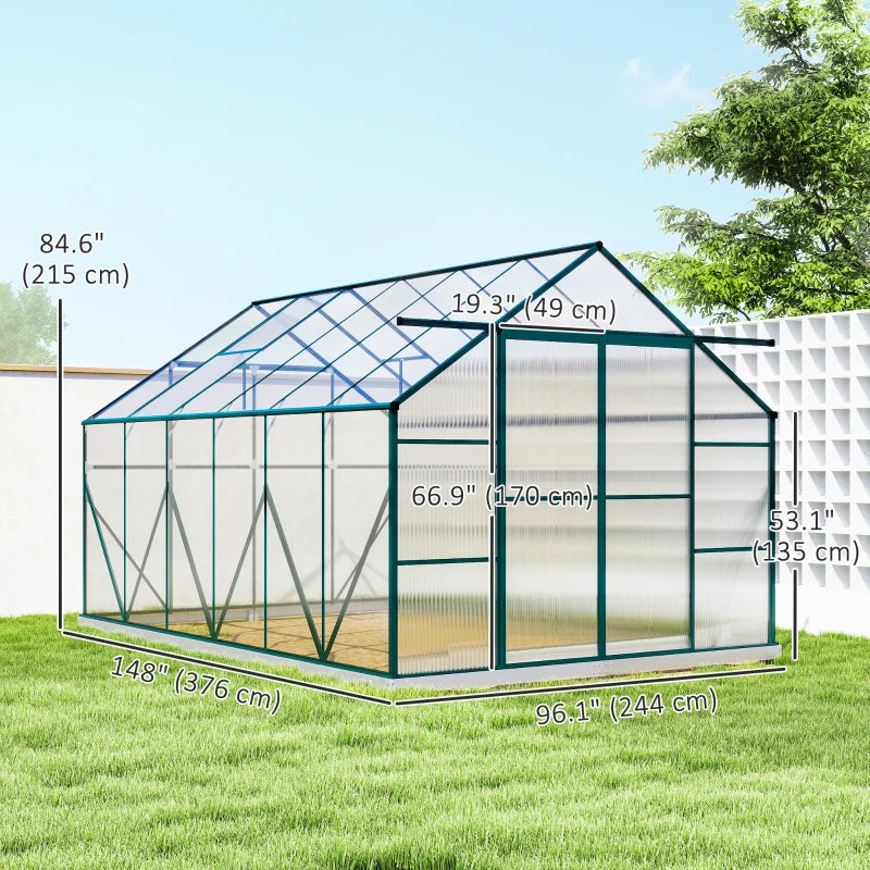 Aluminium Greenhouse Polycarbonate Walk-in Garden Greenhouse Kit with Adjustable Roof Vent, 8 x 12ft, Green
