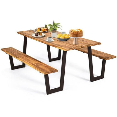 Modern Wooden Picnic Table with 2 Benches Outdoor Patio Dining Set - Free Shipping 