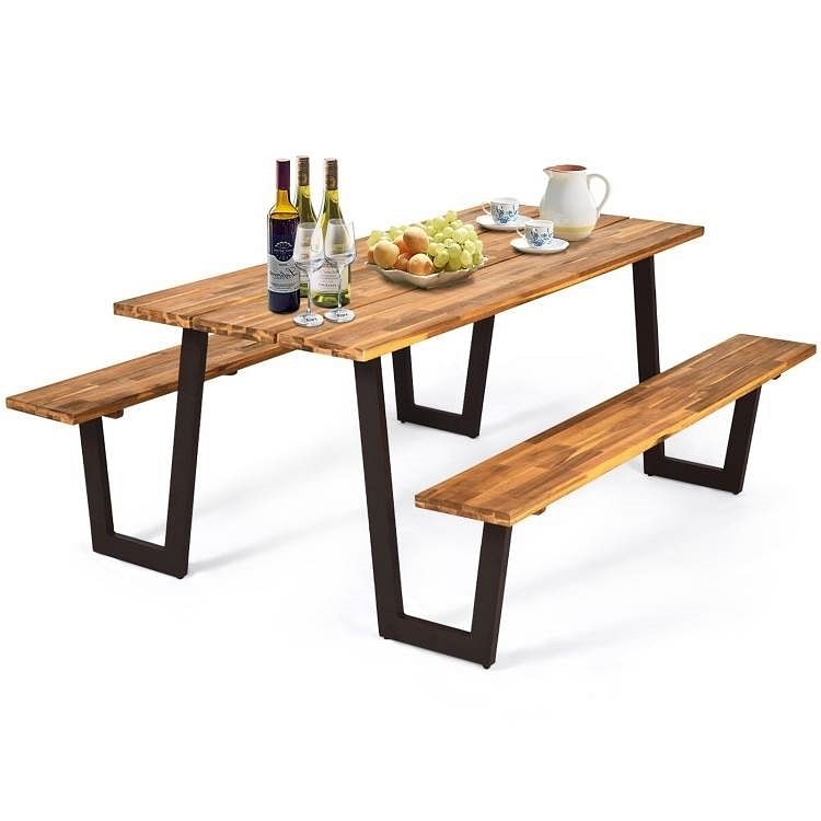 Modern Wooden Picnic Table with 2 Benches Outdoor Patio Dining Set - Free Shipping