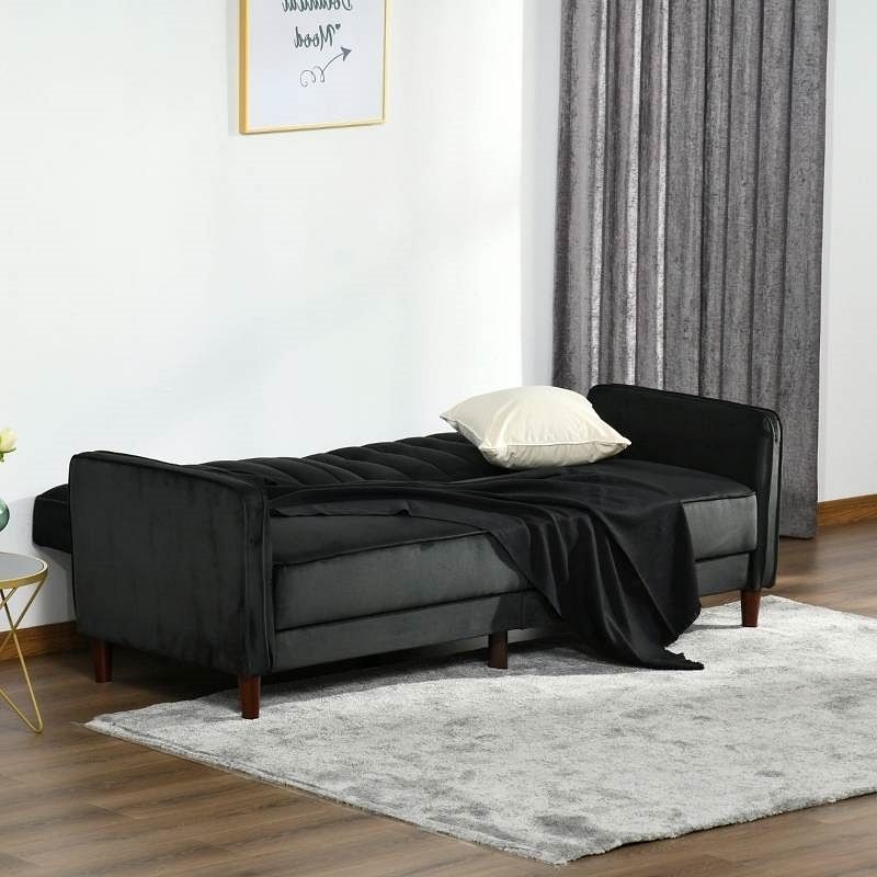 Mid-Century Modern Futon Sleeper Sofa Bed in Black Velvet Upholstery - Free Shipping 