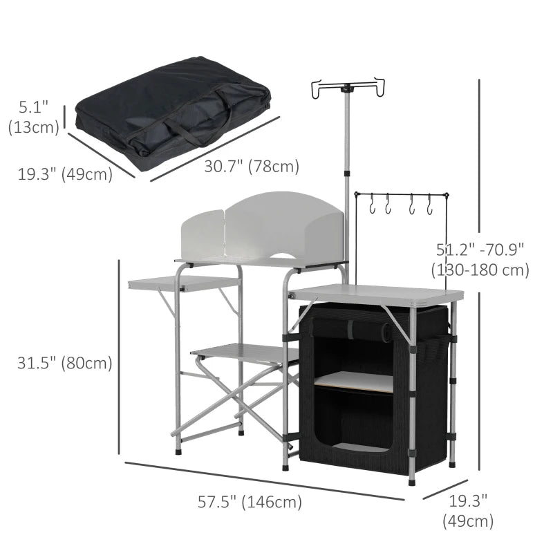 Camping Kitchen Table, Aluminum Folding Camping Table with Storage Organizer, Windshield, Light Stand, Bag, Silver