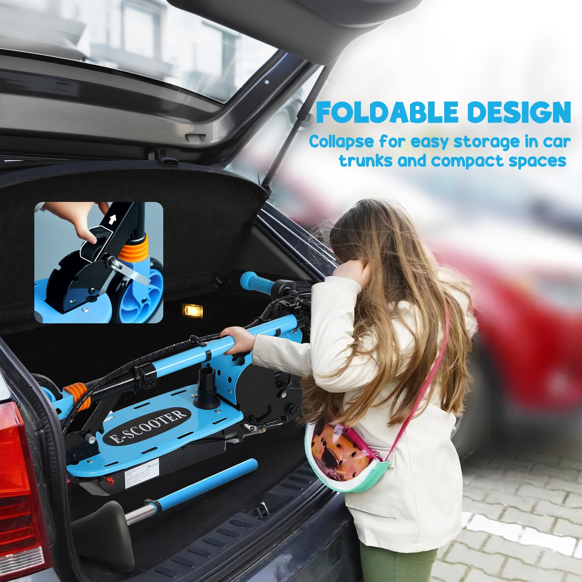 Soozier Foldable Electric Scooter for Kids Ages 6-14, with Seat and 2 Adjustable Heights, Max 6km Range & 12km/h, Blue 
