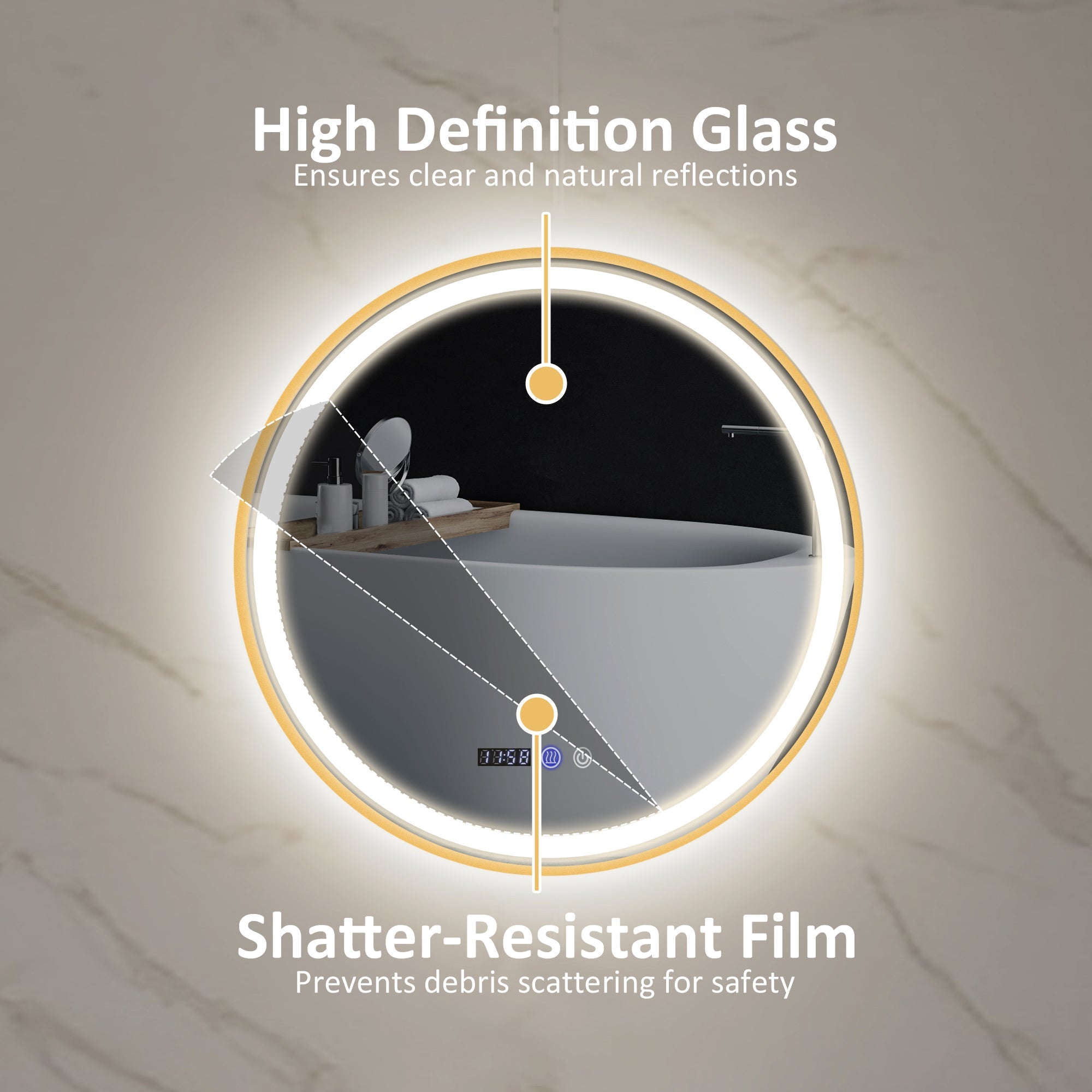 HOMCOM 28" Round Bathroom Mirror with LED Lights, Wall Mounted Vanity Mirror with Anti-Fog Pad, Time and Temp Display, Gold 