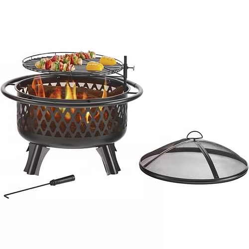 30-inch Black Steel Outdoor Fire Pit Grill with Screen and Poker - Free Shipping 