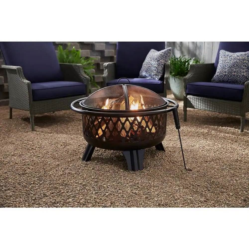 30-inch Black Steel Outdoor Fire Pit Grill with Screen and Poker - Free Shipping