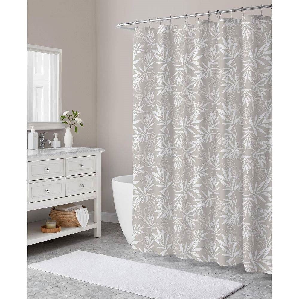 72-inch Polyester Fabric Shower Curtain with Taupe Gray White Leaves Pattern - Free Shipping