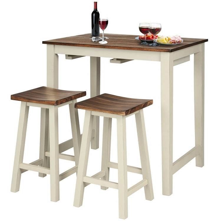 3 Piece Farmhouse Counter Height Kitchen Pub Table Set with 2 Saddle Bar Stools - Free Shipping 