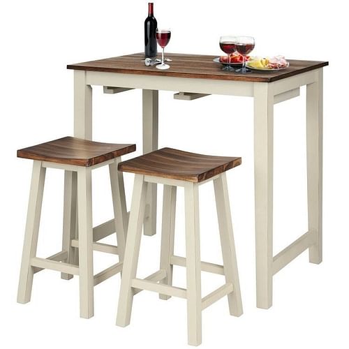 3 Piece Farmhouse Counter Height Kitchen Pub Table Set with 2 Saddle Bar Stools - Free Shipping 