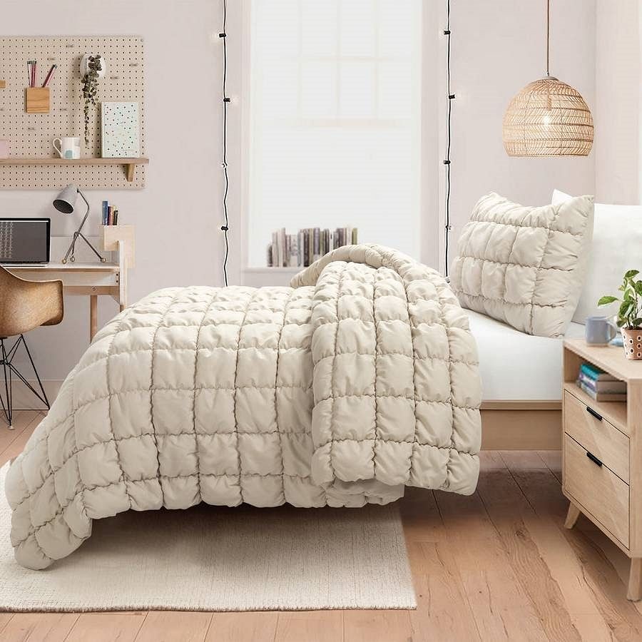 Twin/XL Soft Lightweight Puff Textured 2-Piece Comforter Set in Neutral Tan - Free Shipping