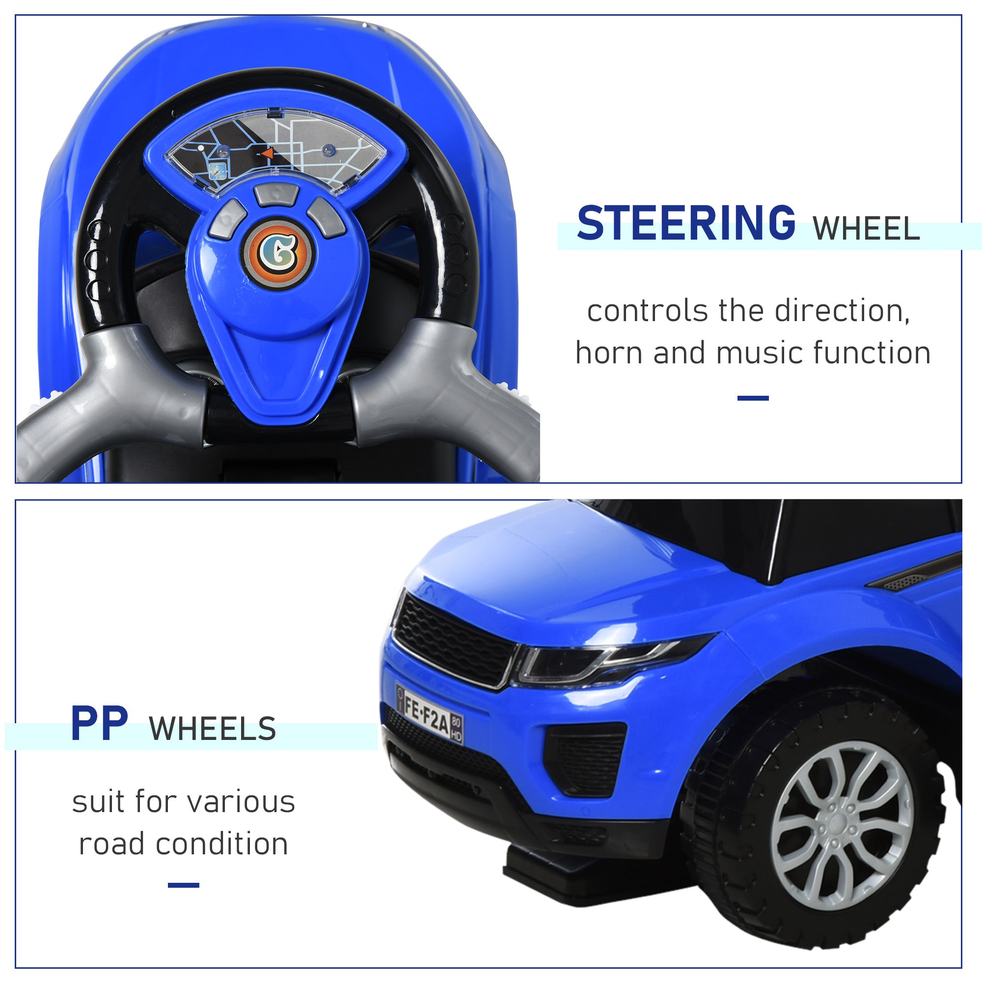 Aosom 3 In 1 Kid Ride on Push Car Stroller Sliding Walking Car with Horn Music Light for 1-3 Years Old Blue 