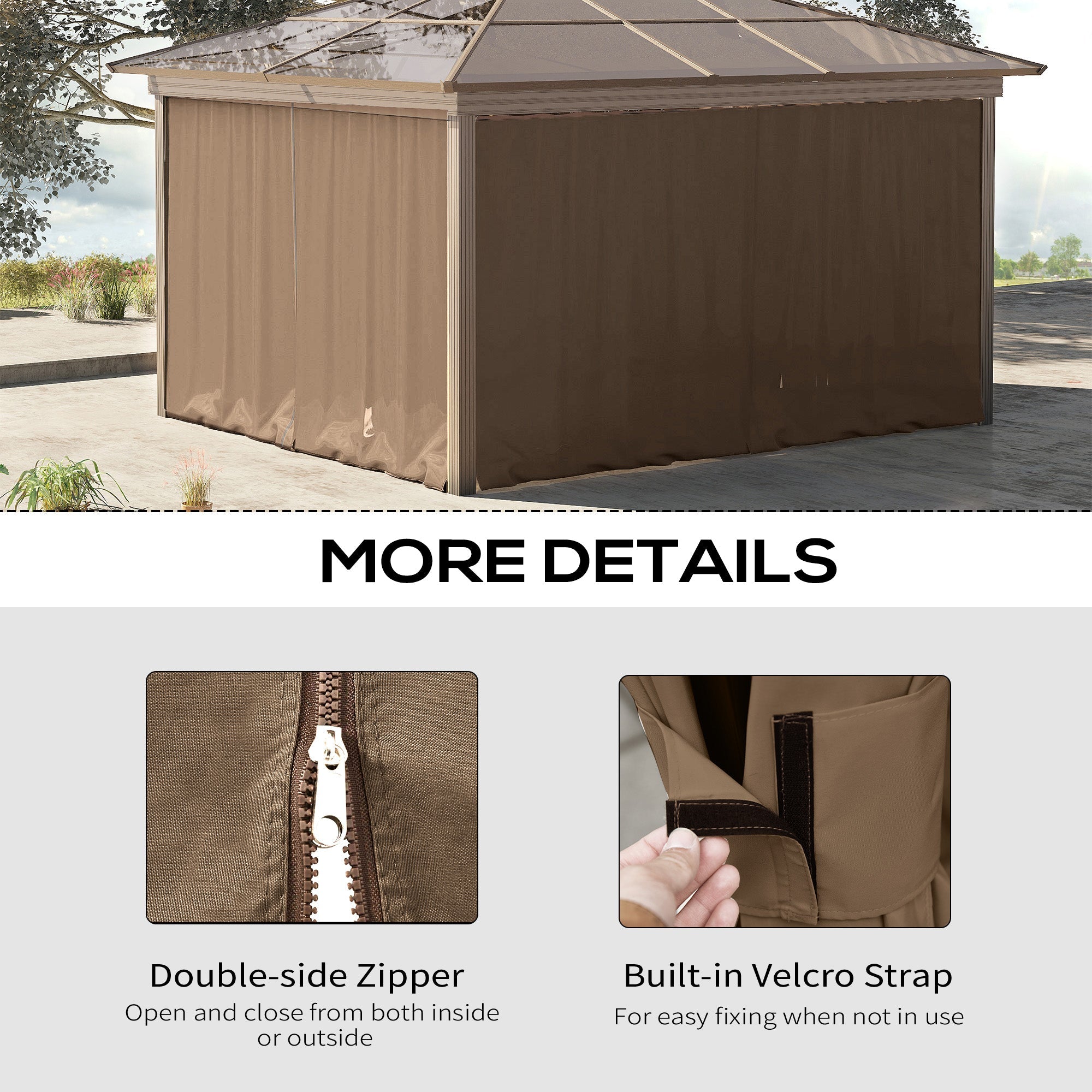 Outsunny Gazebo Curtain 10'x10' Sidewall Set 4 Panels with Hooks Brown for Outdoor Shelter 