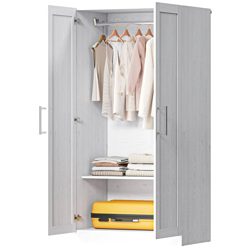 Wardrobe Cabinet with 2 Doors and Hanging Rod, Modern Armoire Wardrobe Closet for Bedroom, White Wood Effect