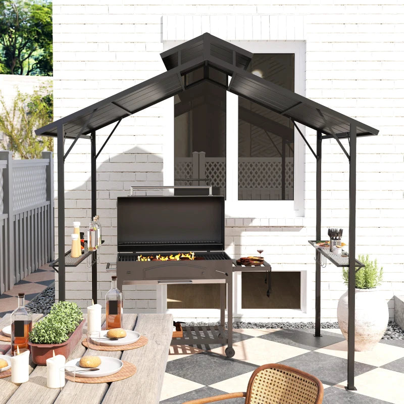 8 x 5ft Hardtop Grill Gazebo with Double Metal Roof, 2 Side Shelves and 10 Hooks for Patio Backyard Lawn Deck