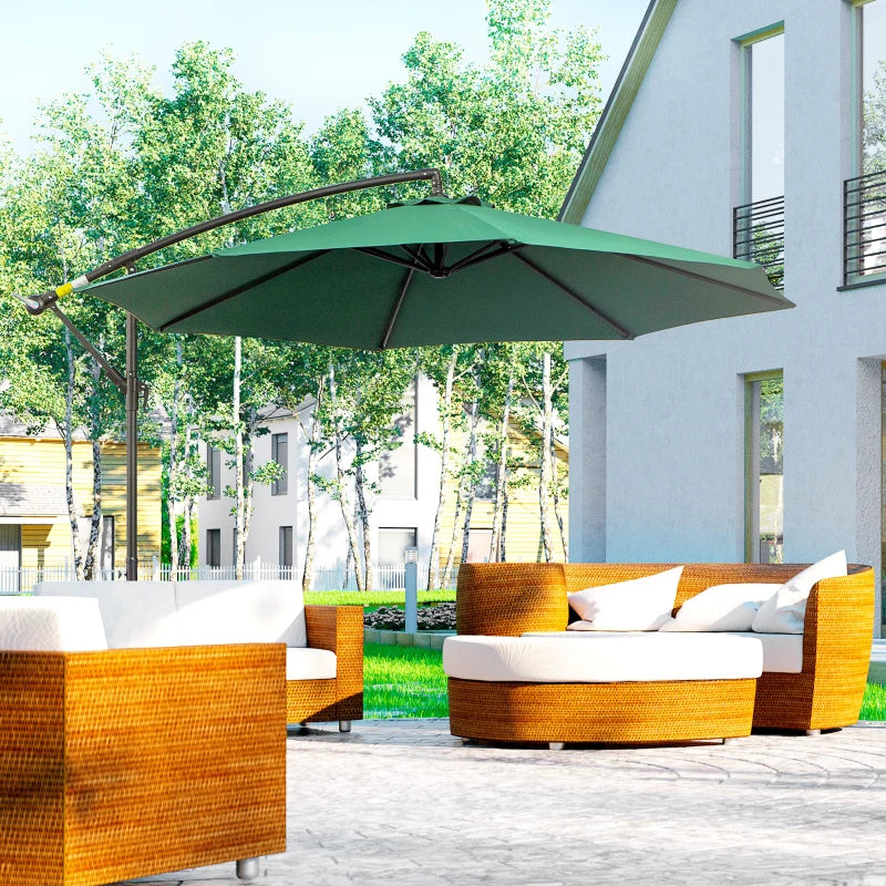 9.7ft Offset Patio UmbrellaCantilever Parasol with Crank Handle, 8 Ribs and Cross Base for Outdoor, Sun Shade, Green